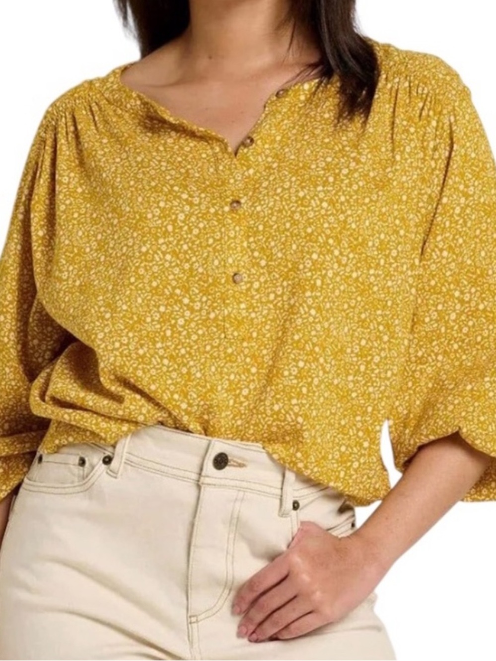 Toad&Co Manzanita LS Peasant Top Mustard Yellow Floral Size Medium